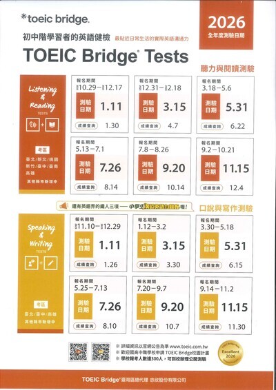 【教務】TOEIC Bridge Tests國際英語測驗2026公開測驗日期圖片